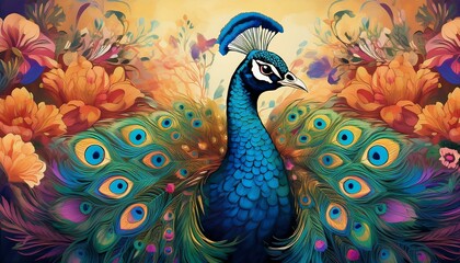 illustration of a peacock proudly displayed against a vibrant floral background, showcasing intricate details and rich colors in a harmonious design