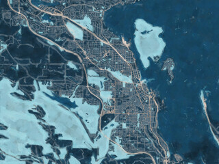 Painterly Style City Map of Nanaimo British Columbia, Canada in a Blue Color Scheme.