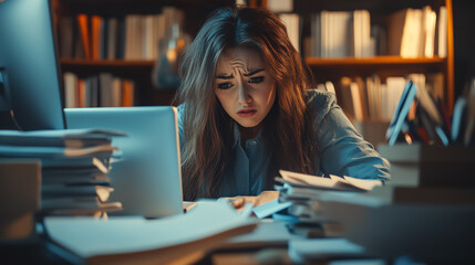 Stressed woman working on laptop surrounded by paperwork.