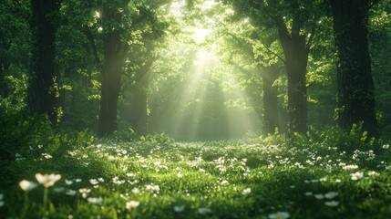 Fototapeta premium Lush forest with sunlight filtering through trees over blooming flowers.