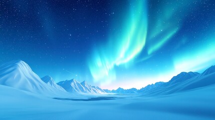 Obraz premium Aurora Borealis Over Snowy Arctic Peaks, Tranquil winter scenery featuring vibrant Northern Lights illuminating a starry sky above serene, desolate snowy mountains during polar night.