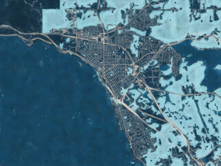Painterly Style City Map of North Bay Ontario, Canada in a Blue Color Scheme.