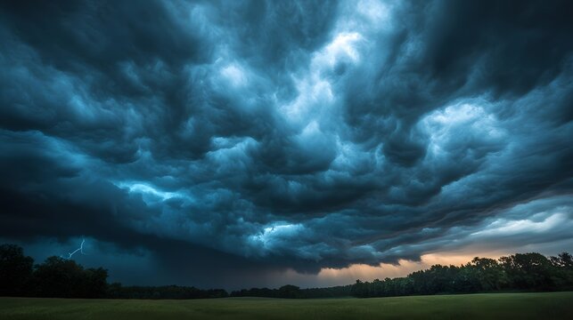 220. A dramatic view of a thunderstorm rolling over a peaceful countryside, with dark clouds and flashes of lightning
