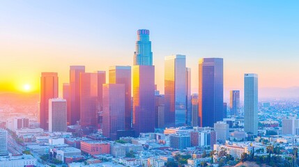 Dawn Emergence over Los Angeles Skyscrapers, vibrant sunlight breaks the horizon, illuminating the city skyline in a breathtaking UHD timelapse experience.