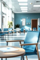 A modern waiting area featuring blue chairs and a calm atmosphere.