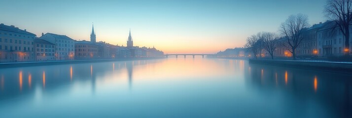 Expansive bridge spanning tranquil waters, sleek minimalist architecture in the distance, serene urban landscape, inviting atmosphere