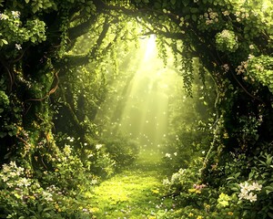 Obraz premium A serene forest scene with sunlight streaming through lush green trees, illuminated by floating particles, creating a tranquil and enchanting atmosphere.