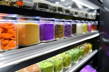 A vibrant spice rack filled with colorful jars.