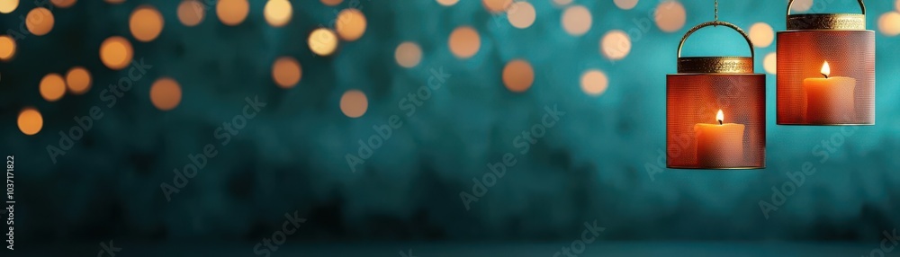 Poster a tranquil scene featuring illuminated lanterns against a softly blurred teal background, creating a
