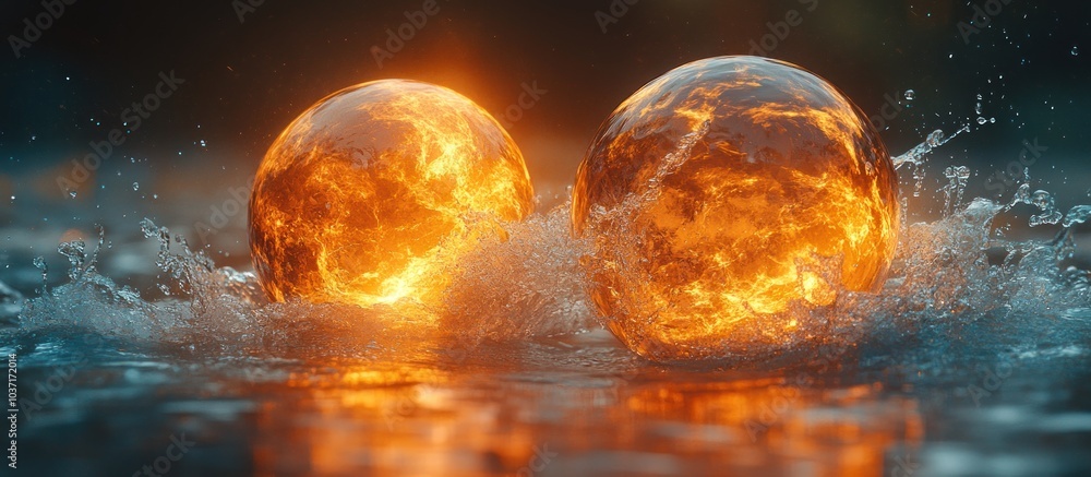 Poster two fiery spheres emerging from water, creating splashes and a dramatic visual effect.
