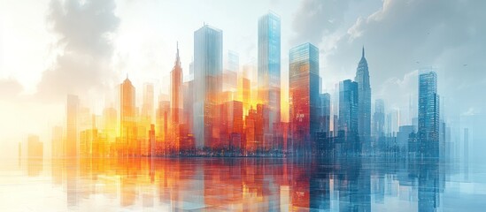 A vibrant city skyline reflecting in water, showcasing modern architecture and a colorful sunset.