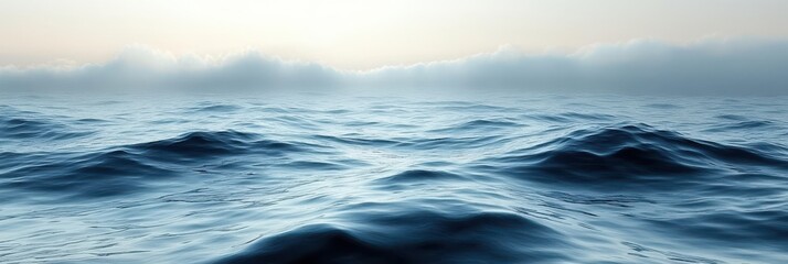 Serene ocean expanse with gentle waves, distant horizon merging with a soft sky, evoking tranquility and vastness.