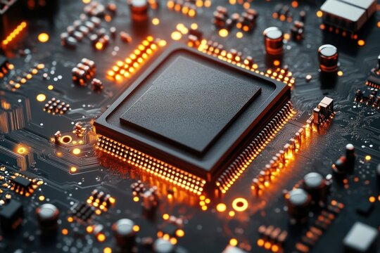 Close-up of a microprocessor on a circuit board with glowing connections.