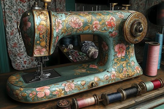Vintage antique sewing machine decorated with retro floral patterns, multiple spools of thread in various colors, suggesting upcoming projects in a workshop or a craft room. - Powered by Adobe