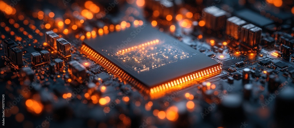 Poster a close-up of a circuit board with glowing components, showcasing technology and design.