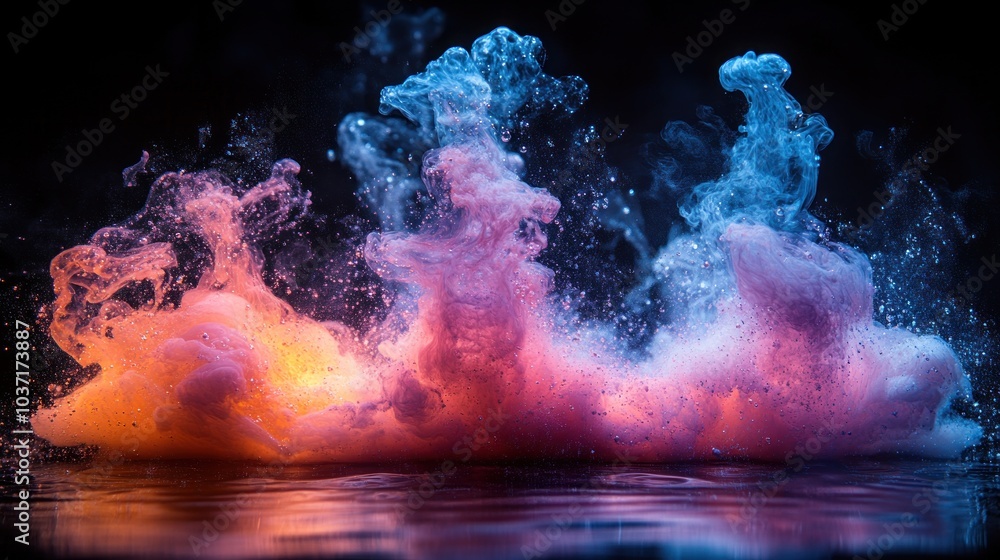 Poster colorful smoke and vapor blend in a dynamic display, creating an abstract visual effect.