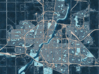 Painterly Style City Map of Saskatoon Saskatchewan, Canada in a Blue Color Scheme.