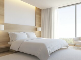 Smart hospitality systems enhance a modern hotel room, featuring minimalist decor, cutting-edge technology, and a cozy ambiance created by warm tones.