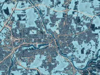 Painterly Style City Map of Sherbrooke Quebec, Canada in a Blue Color Scheme.