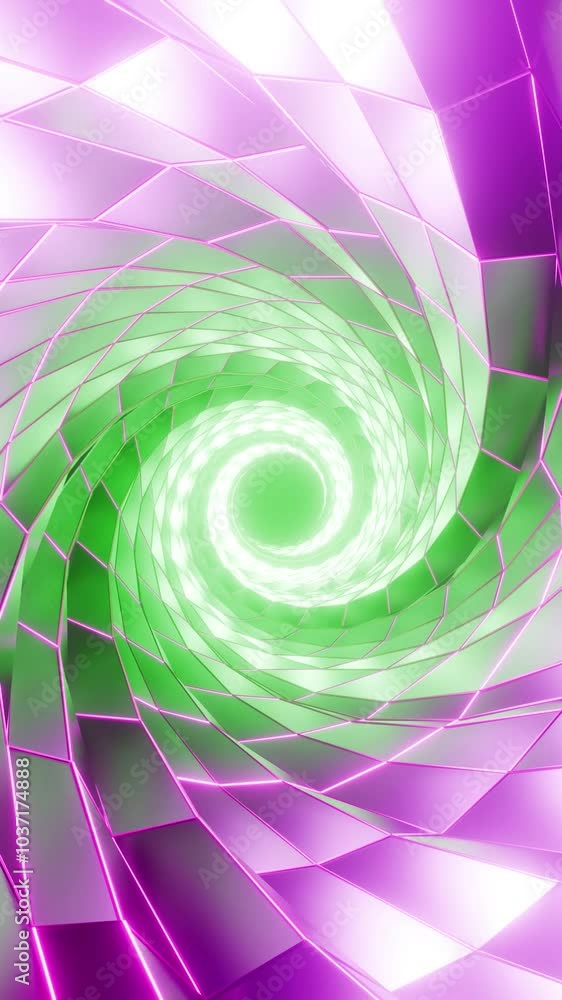 Poster geometric pattern with neon lights tunnel with multicolored illumination, 3d loop background