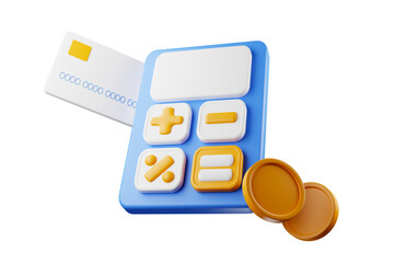Realistic calculator icon floating in mid-air with dollar coin on the side and white credit card. 3D rendering.