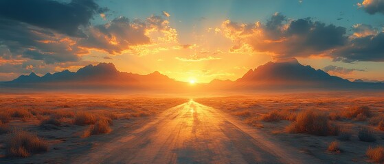 Desolate desert highway stretching towards majestic mountains, bathed in soft hues of a setting sun