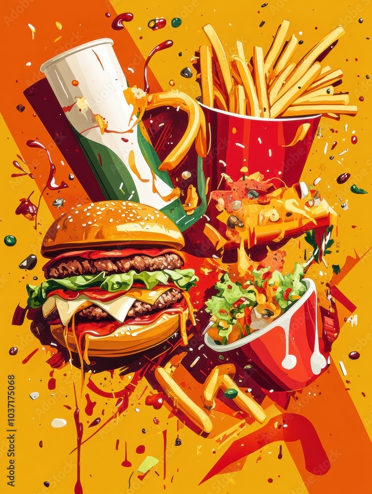 Poster stylized abstract representations of a burger, pizza, and fries create a lively and colorful feast a