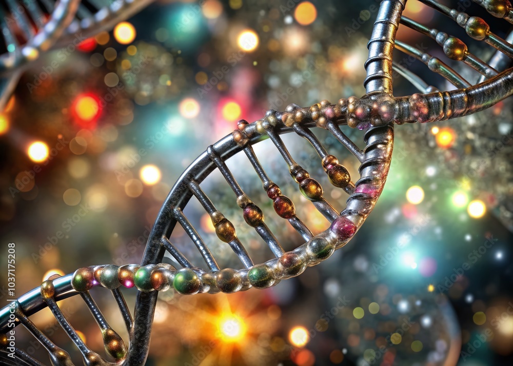 Poster close-up view of dna double helix structure with dreamy background and glowing particles for genetic