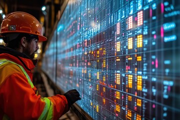 A worker analyzes data on a digital display in an industrial setting.