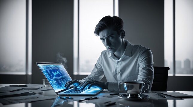 A determined business analyst works late night in a modern office, intensely focused on analyzing financial data on a laptop. The dimly lit room enhances the ambiance of concentration. Papers and a cu - Powered by Adobe