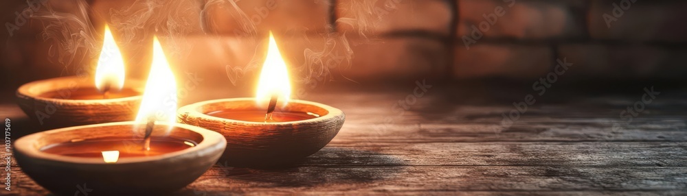 Aufkleber three candles flicker softly, illuminating a rustic wooden surface, creating a warm and inviting amb