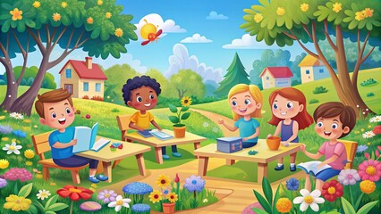 Obraz premium Collaborative Learning in a Joyful Landscape: Engaging Peers in Nature's Classroom