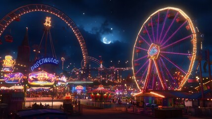 31. A vibrant carnival scene with colorful rides, games, and festive lights illuminating the night sky