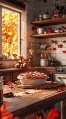 A cozy kitchen scene featuring a freshly baked pie surrounded by autumn leaves and warm sunlight streaming through the window.