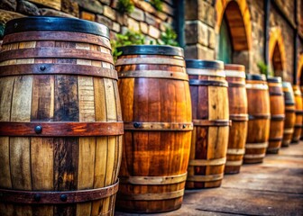 Fototapeta premium Collection of Vintage Wooden Barrels Isolated on White Background for Distinctive Rustic Decor and Design Projects