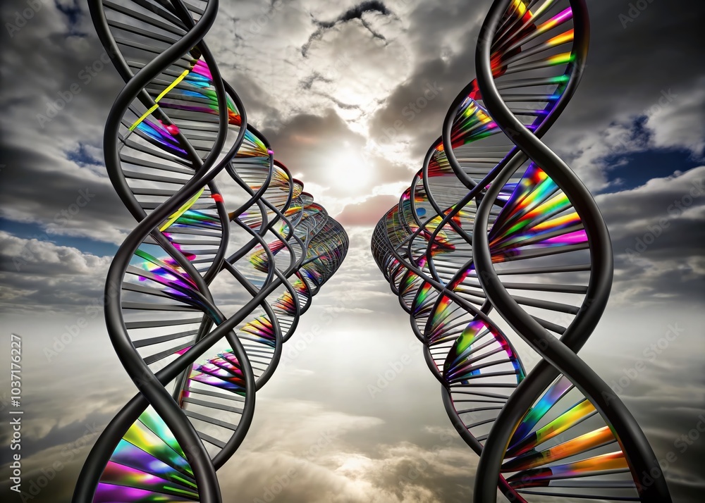 Poster colorful abstract dna helix patterns with gradient background for scientific visualization and art