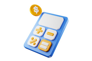 Realistic calculator icon floating in mid-air with dollar coins on top. 3D rendering.