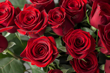Obraz premium Bouquet of red roses with green leaves