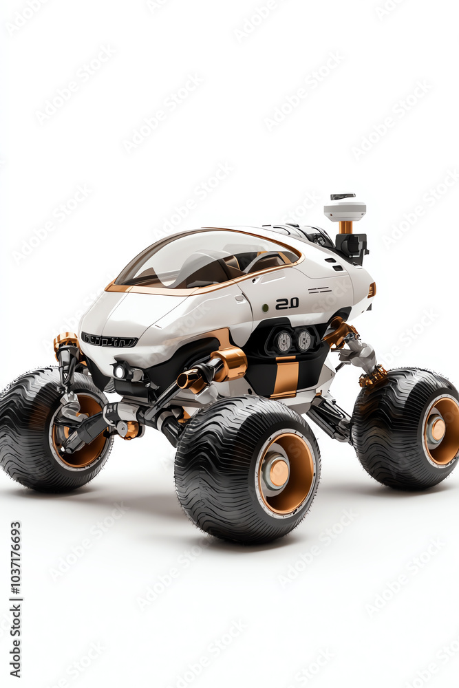 Poster futuristic all-terrain robot vehicle design featuring advanced technology and unique aesthetics