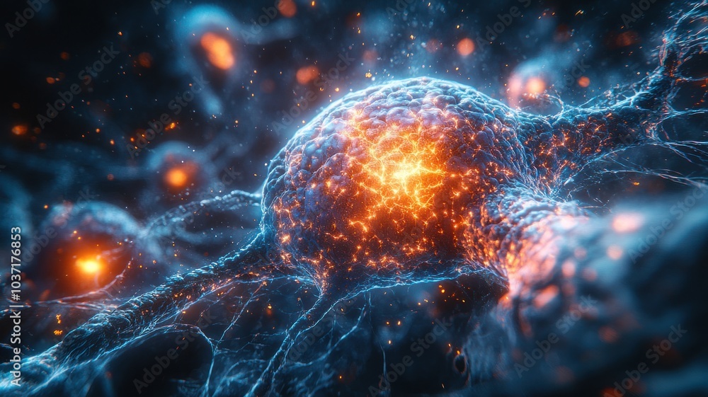 Poster close-up of a neuron with glowing connections and synapses.