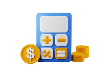 Realistic calculator icon with dollar coins on the side and two stacks of coins. 3D rendering.