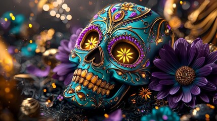 Vibrant sugar skull with glowing purple flowers, intricate teal and yellow accents