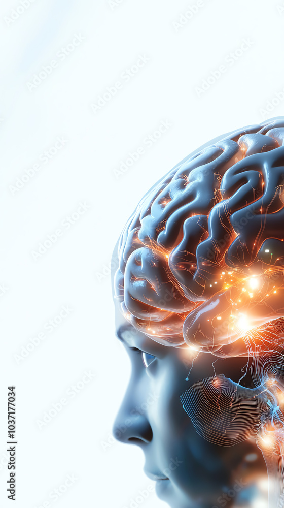 Poster exploring the intricacies of the human brain through a digital lens a fusion of science and art