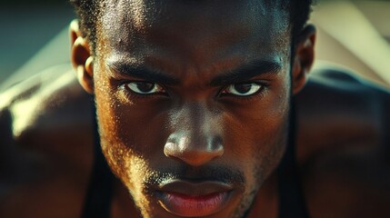 close up of concentrated face of sprinter athlete before start