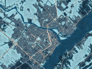 Painterly Style City Map of Trois-Rivières Quebec, Canada in a Blue Color Scheme.