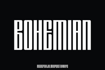 Modern unique condensed sans serif alphabet display font vector. Creative bohemian typeface