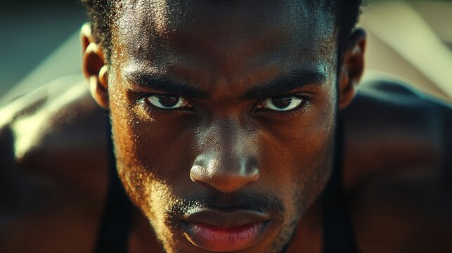 close up of concentrated face of sprinter athlete before start