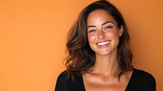 cute woman with beautiful tan laughs looking at camera