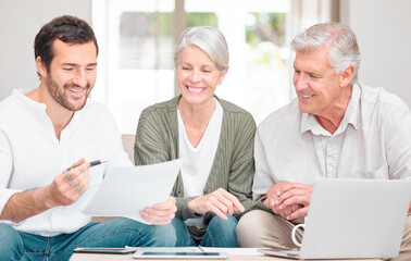 Financial advisor, laptop and old couple with documents, home and retirement fund in lounge....