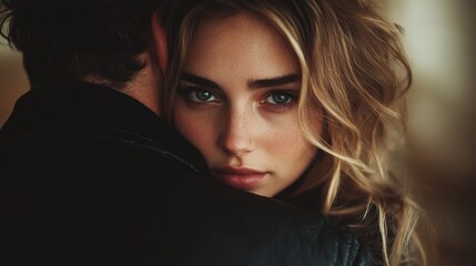 Fototapeta premium woman looking over shoulder of man who hugged her sadly